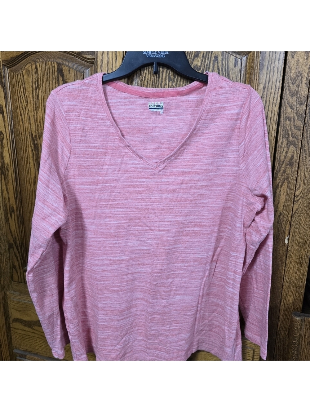 Basic Editions Pink Stretchy Long Sleeve V-Neck Top, Size IX